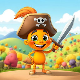 A cartoonish orange character with a cheerful face and exaggerated features, holding a sword in a lively and animated style