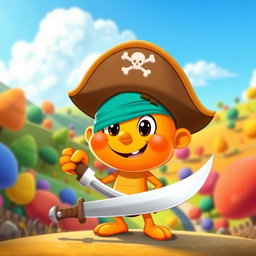 A cartoonish orange character with a cheerful face and exaggerated features, holding a sword in a lively and animated style
