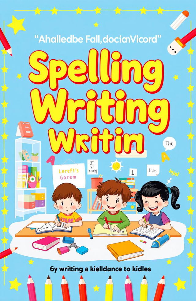 A children's academic writing book cover designed to emphasize spelling and good handwriting