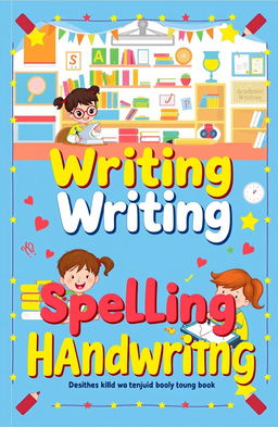 A children's academic writing book cover designed to emphasize spelling and good handwriting