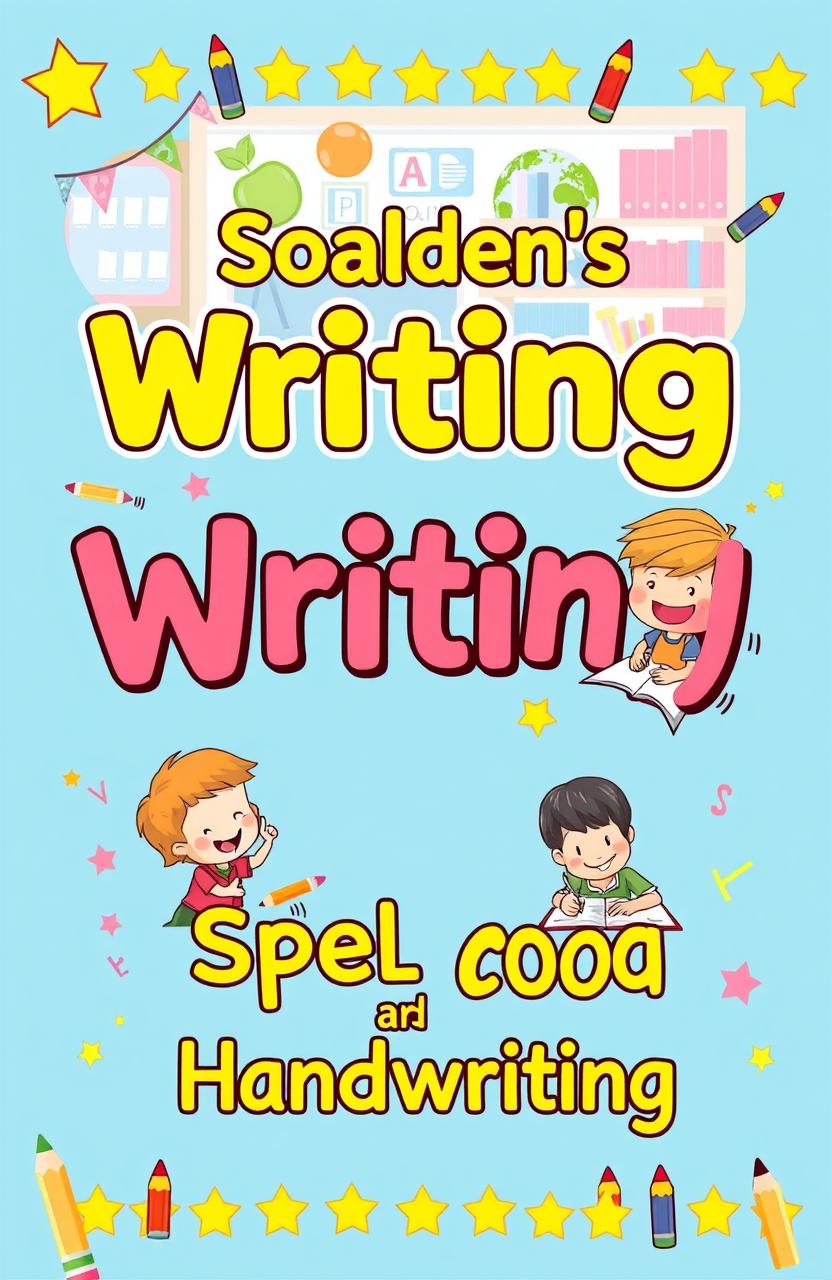 A children's academic writing book cover designed to emphasize spelling and good handwriting