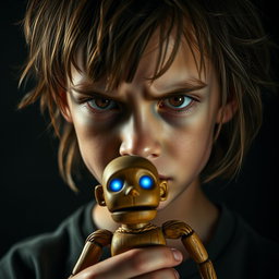 A traumatized boy with an intense, expressive face, featuring deep brown eyes that convey a mix of sadness and strength