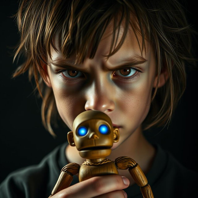 A traumatized boy with an intense, expressive face, featuring deep brown eyes that convey a mix of sadness and strength