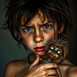 A traumatized boy with an intense, expressive face, featuring deep brown eyes that convey a mix of sadness and strength