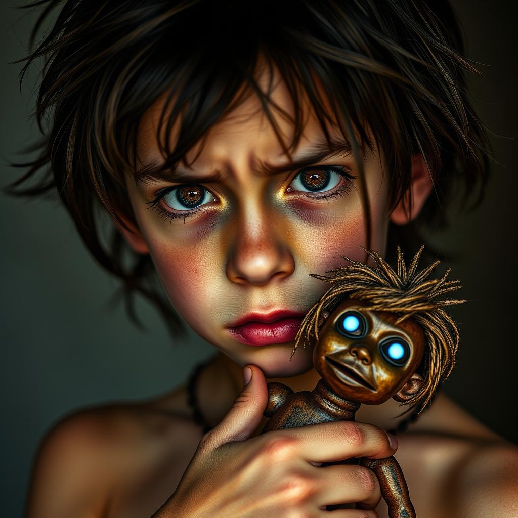 A traumatized boy with an intense, expressive face, featuring deep brown eyes that convey a mix of sadness and strength