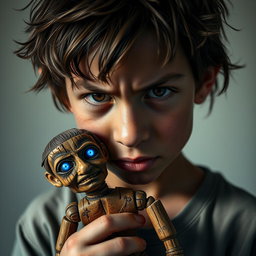 A traumatized boy with an intense, expressive face, featuring deep brown eyes that convey a mix of sadness and strength