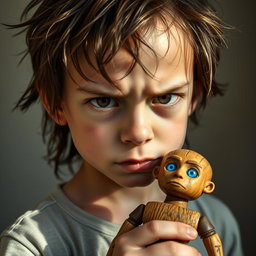 A traumatized boy with an intense, expressive face, featuring deep brown eyes that convey a mix of sadness and strength