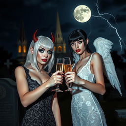 A stunning scene in a cemetery at midnight featuring two 18-year-old girls