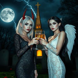 A stunning scene in a cemetery at midnight featuring two 18-year-old girls