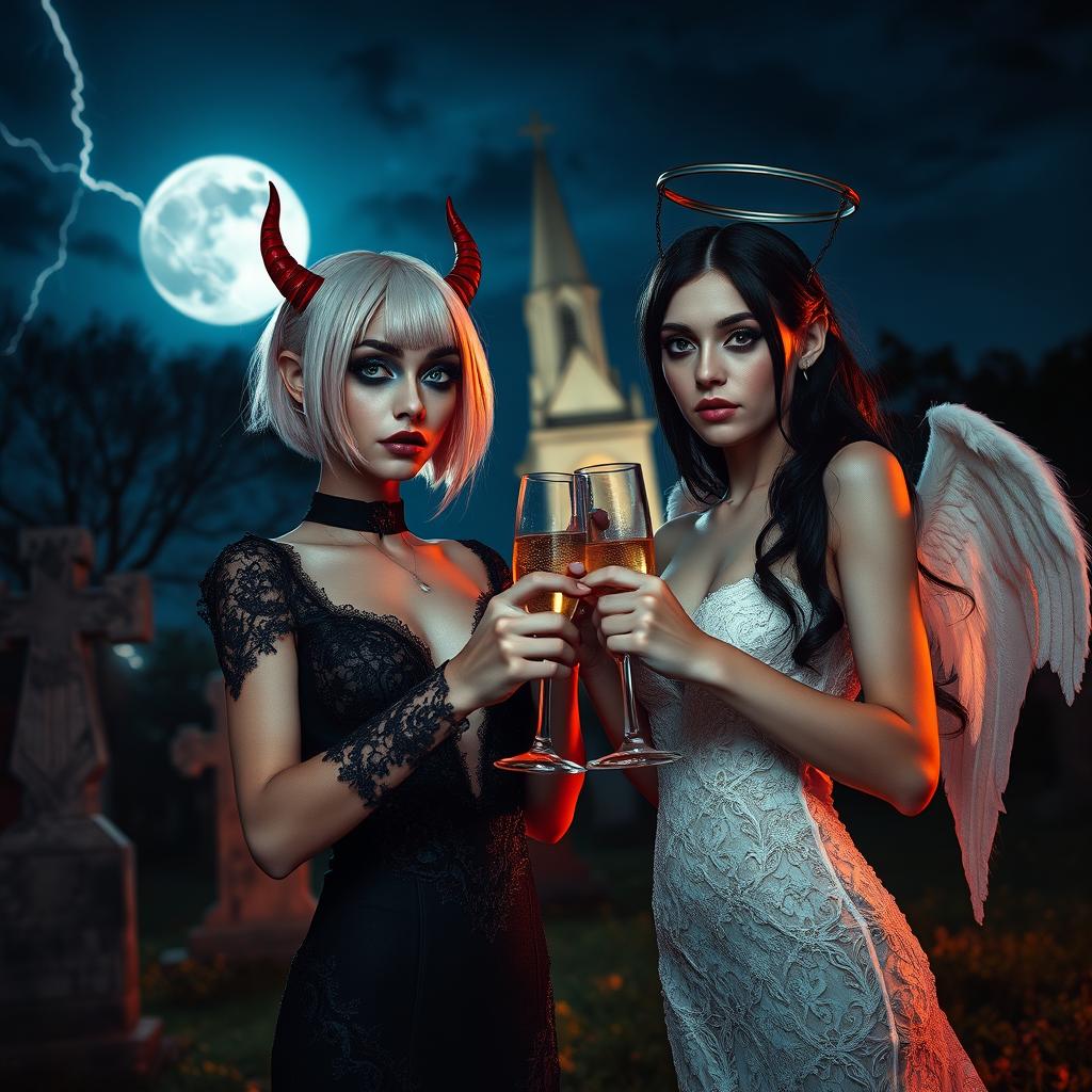 A stunning scene in a cemetery at midnight featuring two 18-year-old girls