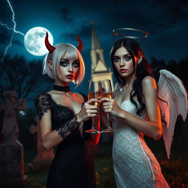 A stunning scene in a cemetery at midnight featuring two 18-year-old girls