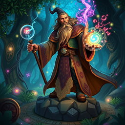 A powerful wizard with a long, flowing beard and intricate robes, casting a spell with a glowing staff in an enchanted forest