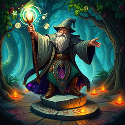 A powerful wizard with a long, flowing beard and intricate robes, casting a spell with a glowing staff in an enchanted forest