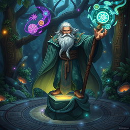 A powerful wizard with a long, flowing beard and intricate robes, casting a spell with a glowing staff in an enchanted forest