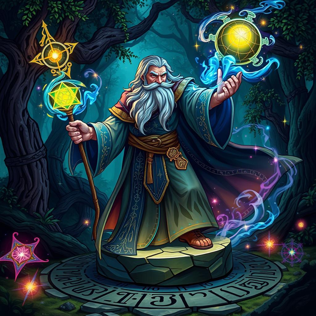 A powerful wizard with a long, flowing beard and intricate robes, casting a spell with a glowing staff in an enchanted forest