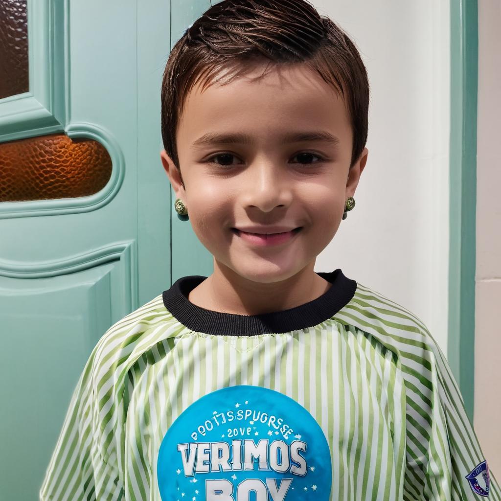 Using the face of this image I want a image of a boy wearing a portuguese oficial football equipment