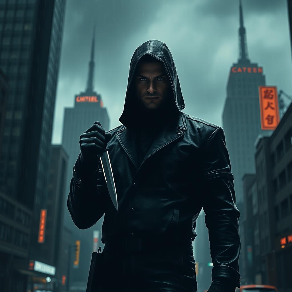 A dramatic and intense scene featuring a solitary assassin in a shadowy urban environment, clad in a sleek black tactical outfit