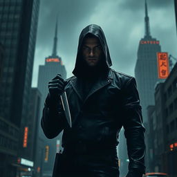 A dramatic and intense scene featuring a solitary assassin in a shadowy urban environment, clad in a sleek black tactical outfit