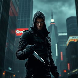 A dramatic and intense scene featuring a solitary assassin in a shadowy urban environment, clad in a sleek black tactical outfit