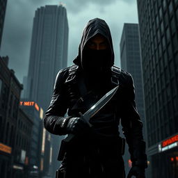 A dramatic and intense scene featuring a solitary assassin in a shadowy urban environment, clad in a sleek black tactical outfit