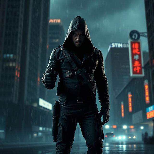 A dramatic and intense scene featuring a solitary assassin in a shadowy urban environment, clad in a sleek black tactical outfit
