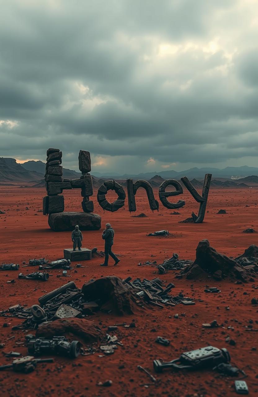 A desolate landscape with barren, red terrain and ominous skies, evoking a sense of abandonment and mystery