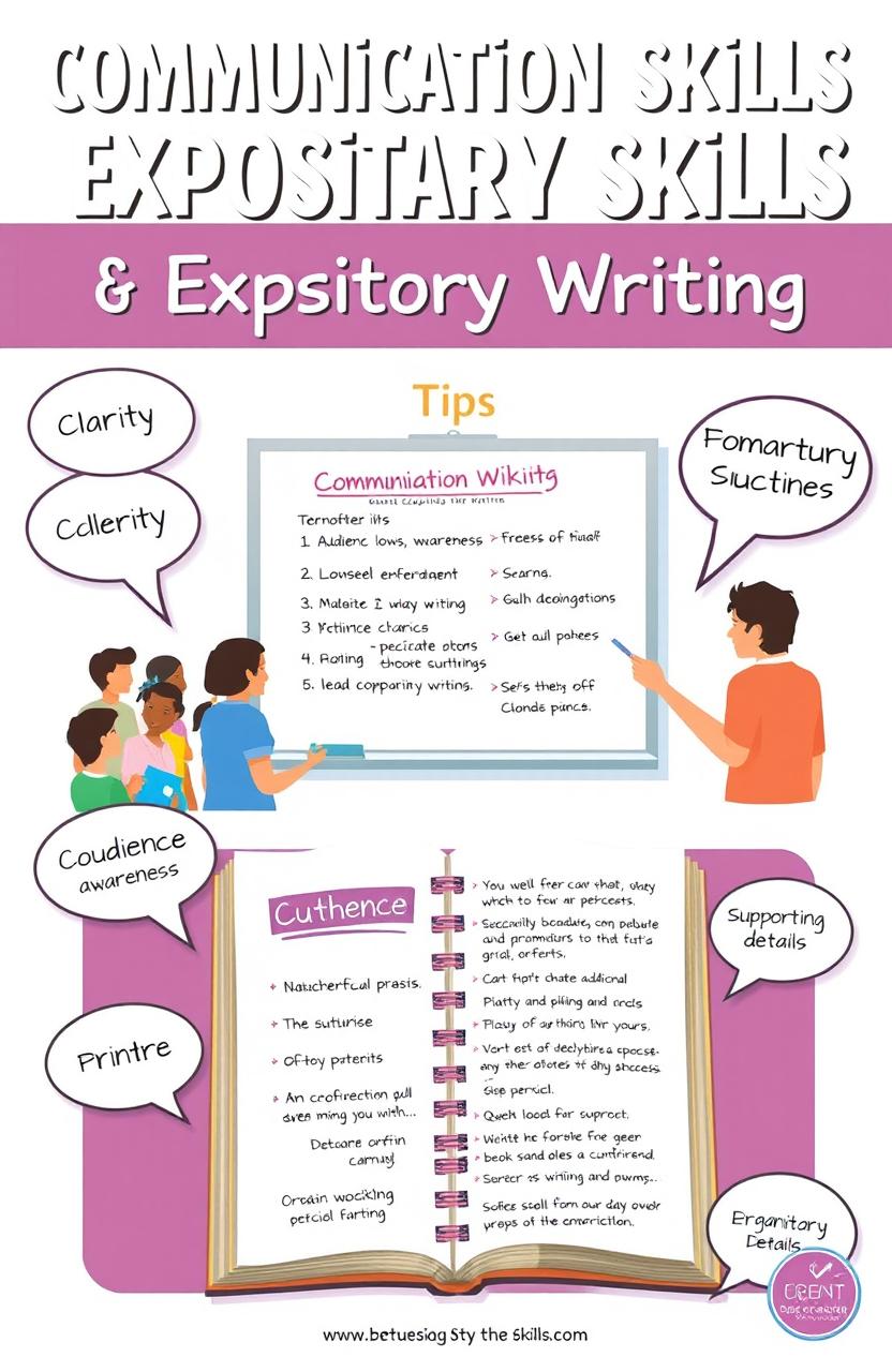 An educational poster featuring the theme of Communication Skills and Expository Writing