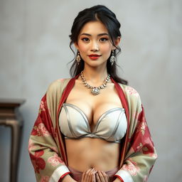 A stunning 25-year-old Chinese supermodel exuding confidence and class, showcasing her fit physique with big, perky breasts
