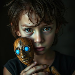 A traumatized boy with a haunting expression, featuring deep brown eyes that reveal a mix of sorrow and resilience