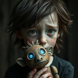 A traumatized boy with a haunting expression, featuring deep brown eyes that reveal a mix of sorrow and resilience