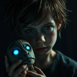 A traumatized boy with a haunting expression, featuring deep brown eyes that reveal a mix of sorrow and resilience