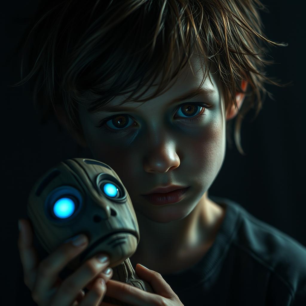 A traumatized boy with a haunting expression, featuring deep brown eyes that reveal a mix of sorrow and resilience