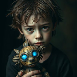 A traumatized boy with a haunting expression, featuring deep brown eyes that reveal a mix of sorrow and resilience