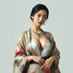 A confident and classy 25-year-old Chinese supermodel with a fit body and big perky breasts wearing an elegant kimono that shows deep cleavage