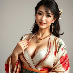 A confident and classy 25-year-old Chinese supermodel with a fit body and big perky breasts wearing an elegant kimono that shows deep cleavage