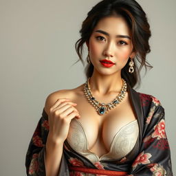 A confident and classy 25-year-old Chinese supermodel with a fit body and big perky breasts wearing an elegant kimono that shows deep cleavage