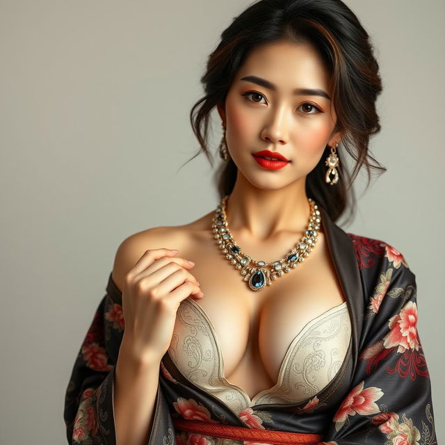A confident and classy 25-year-old Chinese supermodel with a fit body and big perky breasts wearing an elegant kimono that shows deep cleavage