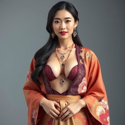 A confident and classy 25-year-old Chinese supermodel with a fit body and big perky breasts wearing an elegant kimono that shows deep cleavage