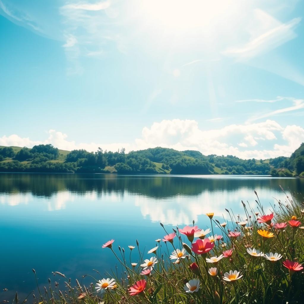 A beautiful, ethereal landscape with a serene lake reflecting a clear blue sky