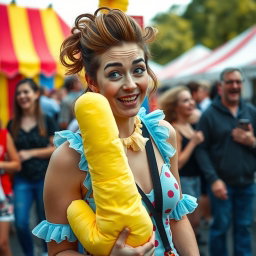A humorous scene featuring a woman in a whimsical outfit, caught in a funny moment