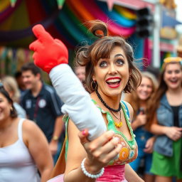 A humorous scene featuring a woman in a whimsical outfit, caught in a funny moment