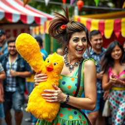 A humorous scene featuring a woman in a whimsical outfit, caught in a funny moment