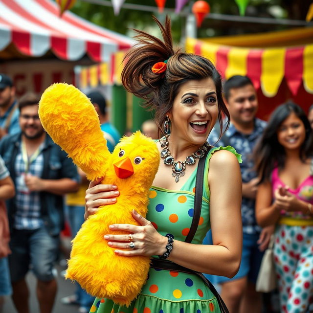 A humorous scene featuring a woman in a whimsical outfit, caught in a funny moment