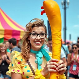 A humorous scene featuring a woman in a whimsical outfit, caught in a funny moment