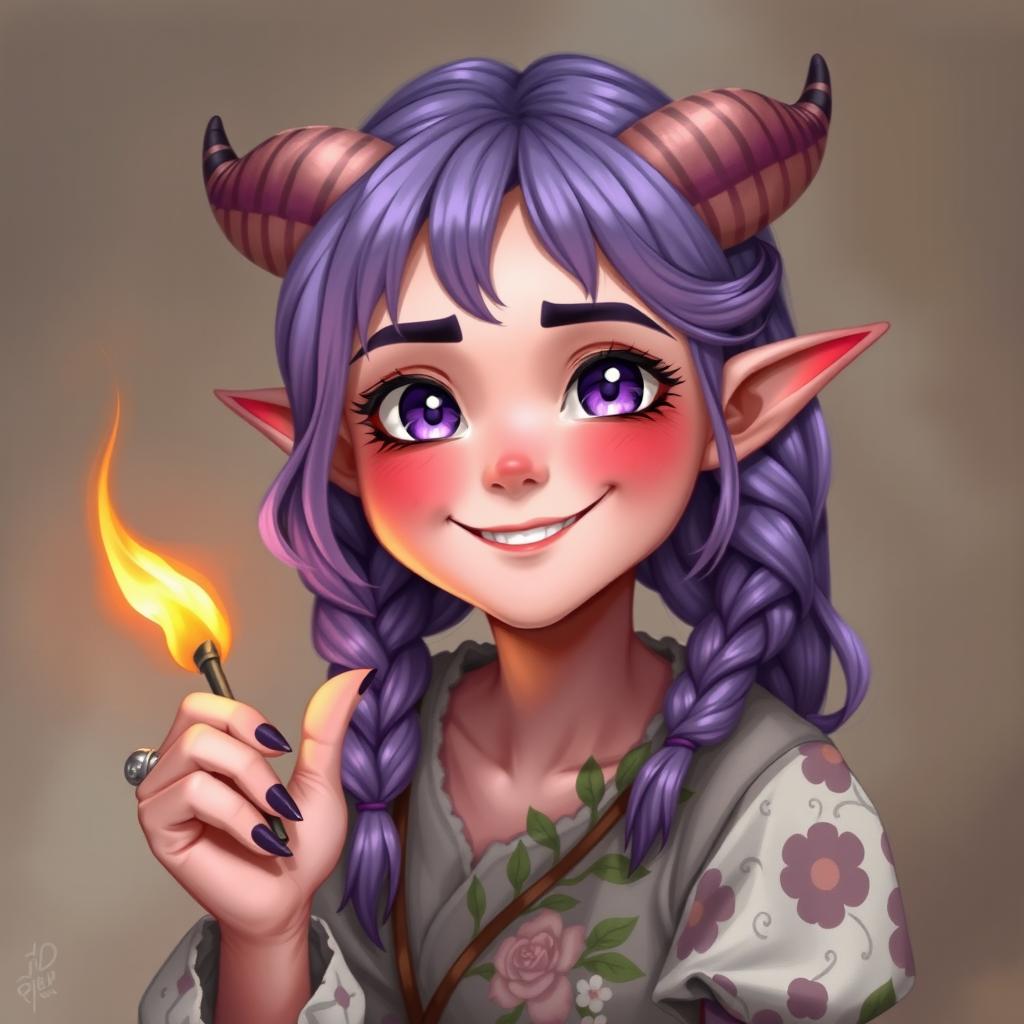 A cheerful 18-year-old female tiefling with chubby cheeks, pink skin, and captivating purple eyes