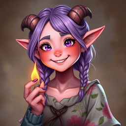 A cheerful 18-year-old female tiefling with chubby cheeks, pink skin, and captivating purple eyes