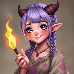 A cheerful 18-year-old female tiefling with chubby cheeks, pink skin, and captivating purple eyes