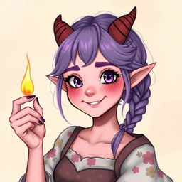 A cheerful 18-year-old female tiefling with chubby cheeks, pink skin, and captivating purple eyes