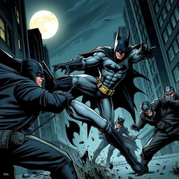 A dynamic scene of Batman in a dark, gritty Gotham City setting, engaged in a fierce battle with multiple criminals on the streets