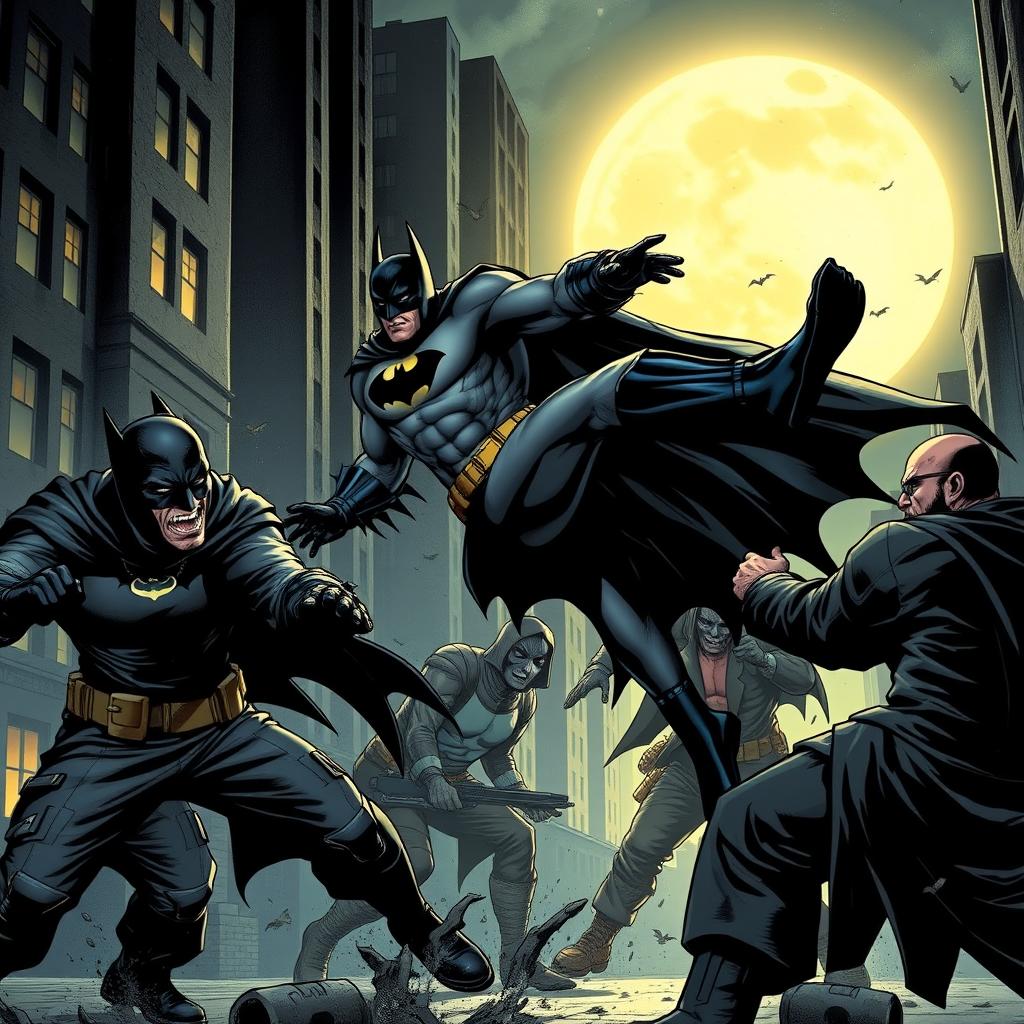 A dynamic scene of Batman in a dark, gritty Gotham City setting, engaged in a fierce battle with multiple criminals on the streets
